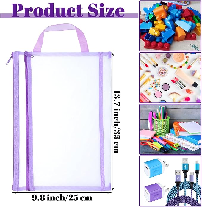 12 Pack Mesh Zipper Pouch Bags, Double-Layer Nylon Breathable See Through Storage Organizer with Handle, 6 Colors for Office Documents and Household Supplies Organization