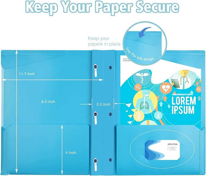 Heavy Duty Plastic Folder with Clear Front Pocket and Prongs -6 Pack, Assorted Colors 3 Prong Folders with Pockets and Card Slot for Letter Size Paper