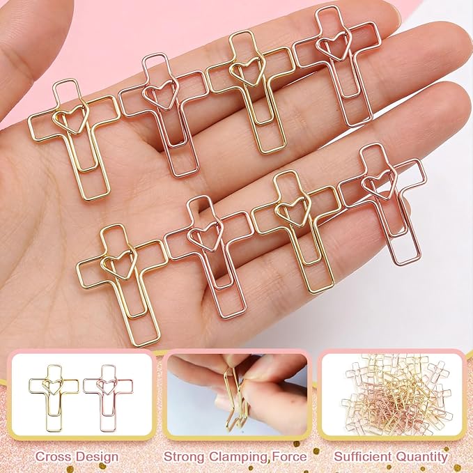 100 PCS Heart Cross Paper Clips for Bible Study Supplies,Christian Gifts,Jesus Bible Stuff Bookmark journaling Supplies Accessories, Easter Eggs fillers, Teacher Gifts (Gold and Rose)