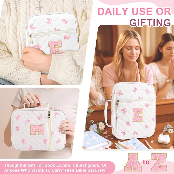 Personalized Initial Bible Cover Case for Women Girls Kid - Large Quilted Bible Case with Handle, Stylish Chenille Letter Bag Study Supplies, Perfect Christmas Gifts for Christians Women (Pink Bow-E)