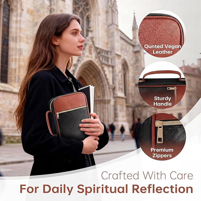 Bible Cover Bible Book Cover Bible Case for Women Canvas Carrying Case Book Protector Quilted Vegan Leather Bible Covers Study Supplies Accessories (Black-Brown, One Size)
