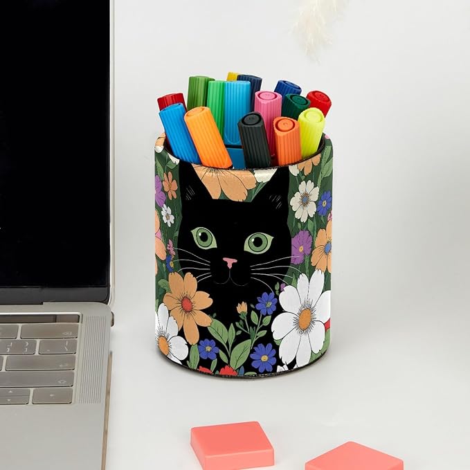 Cat Flower Pen Holder Pencil Organizer Cute Pencil Cup Desk Decor Makeup Brush Holder PU Multifunctional Office Supplies for Home Classroom School