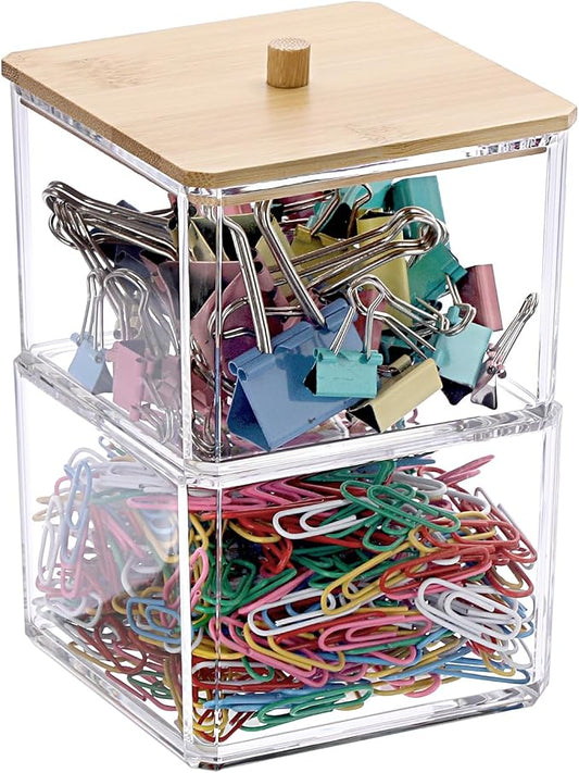 BTSKY Clear Stackable Paper Clip Holder with Bamboo Lid 2-Layer Paperclip Box Thick Acrylic Office Supply Accessory Organizer Square Small Storage Holder Cute Qtip Holder for Office Bathroom Vanity