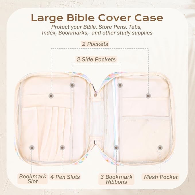 XKDOUS Large Bible Bags Floral Bible Cover with Durable Handle, Tabs, Pens, Study Supplies Carrier Organizer, Church Book Carrying Case Christian Gifts for Mom Women Lady