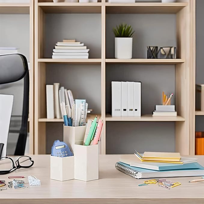 Pen Holder for Desk, White Pens Cup with 3 Compartment Small Desk Organizer Cute Pencil Holder for Office,School and Home (White, Triangular)