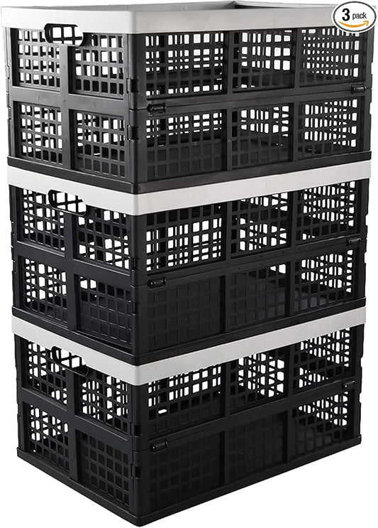 42L Collapsible Milk Crates 3 Packs, Stackable Storage Baskets with Handles, Folding Storage Containers for Organizing Tools, Books, Food, Drinks, Camping, Shopping & Transport