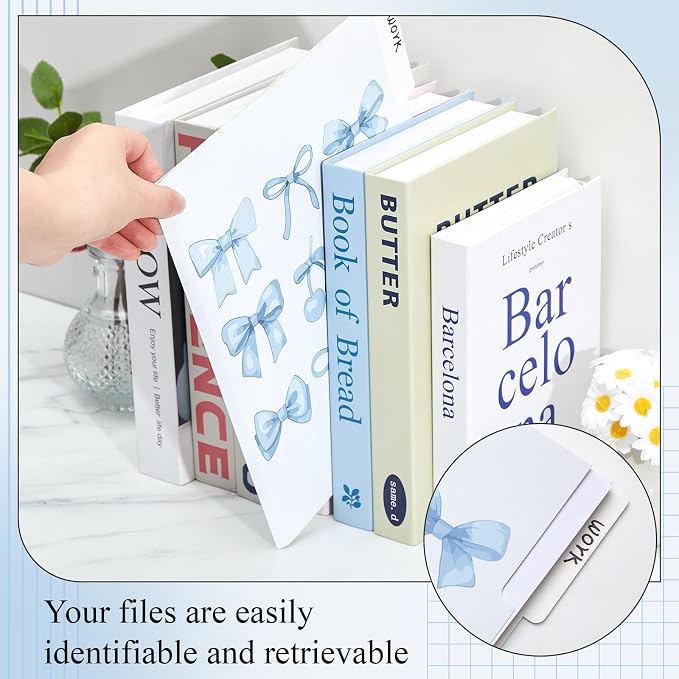 Yaomiao 12 Pcs Coquette Blue Bow File Folders, Letter Size Bowknot Plaid Decorative File Organizer with 1/3 Cut Tab, Cute Pretty Document Holder for Office Home Studyroom Birthday Gifts, 8.5 x 11 Inch