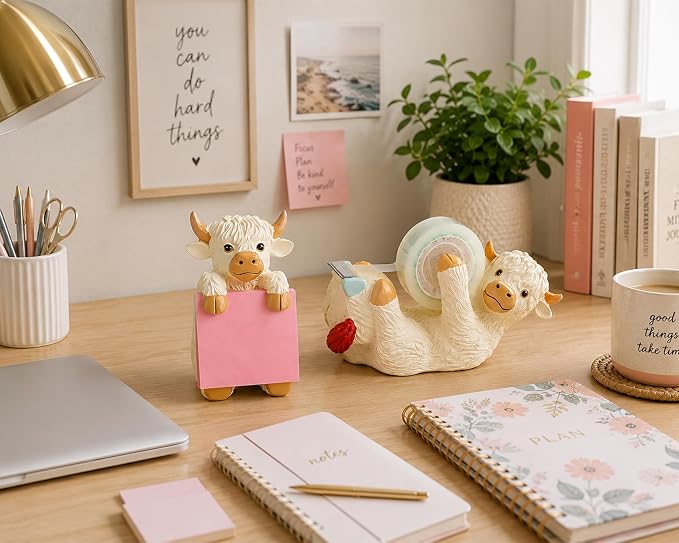 Highland Cow Pop-Up Sticky Note Dispenser with 100 Sheets 3 x 3 Inch Notes, Handmade Resin Highland Cow Desk Decor for Office, Home & Classroom, Gift for Teachers & Coworkers - Beige