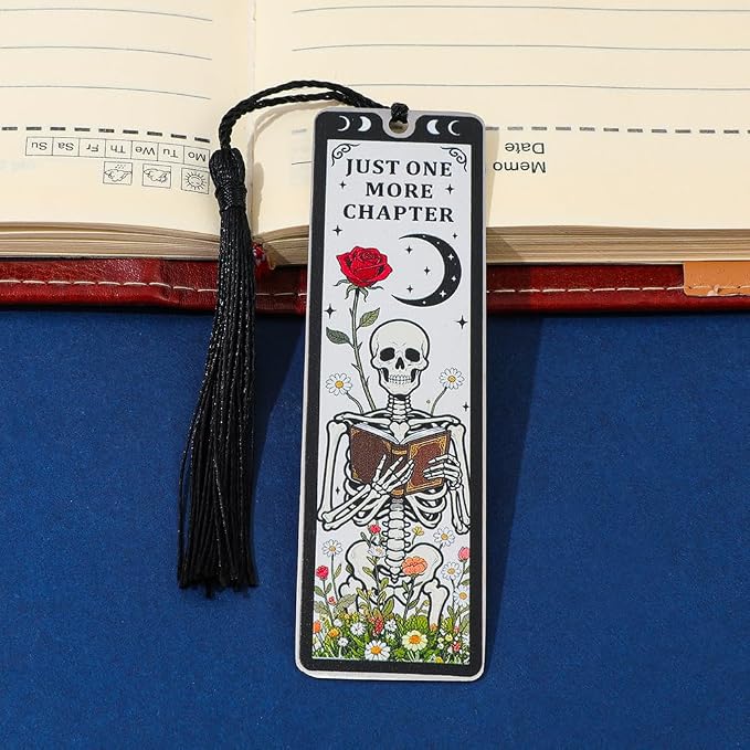 3Pcs Unique Skull Reader Bookmark - Metal Bookmark with Black Tassel, Star and Rose Pattern, Engraved “THE Reader” for Dark Gothic Lovers, Women Readers Fantasy Gift Gothic Gift (3PCSE)