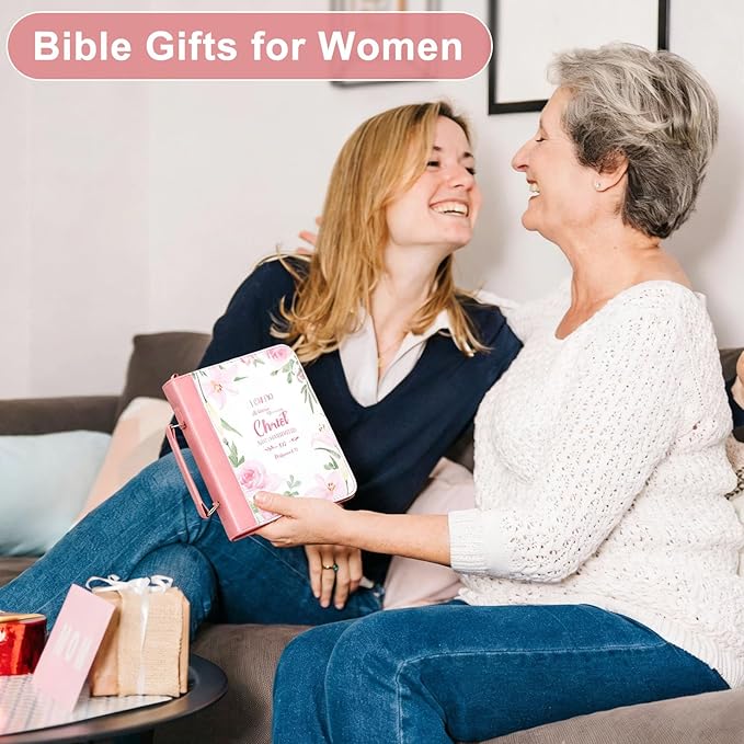 Bible Cover Case for Women PU Leather Bible Bag, Portable Holder Carrying Case with Study Supplies Storage, Christian Church Bag, Bible Journaling Kit Christian Gifts for Women and Girl (Pink)