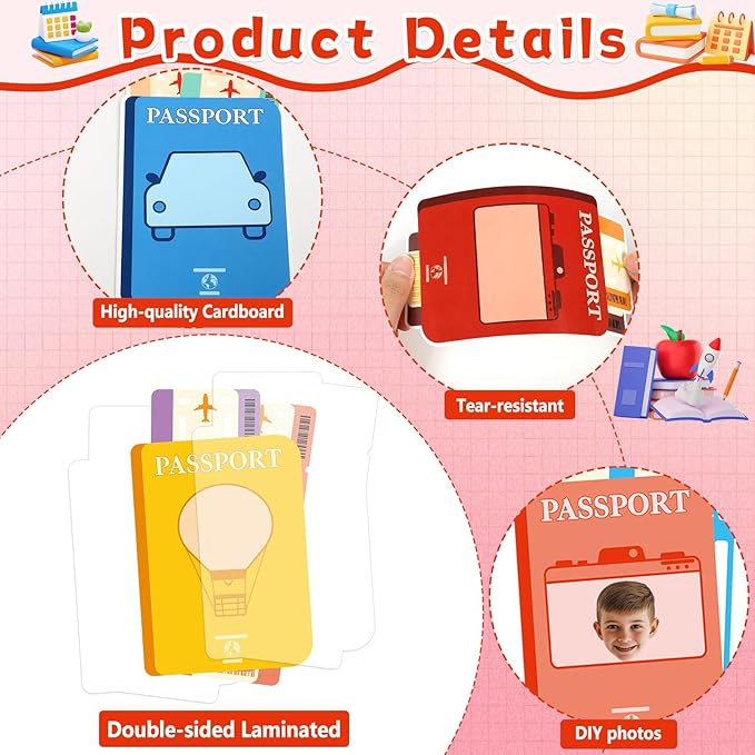 60pcs Passport Theme DIY Cutouts Passport Bulletin Board Decoration Set World Travel Paper Cut-Outs Classroom Decor for Boy Girl Classroom DIY Photo Craft Kindergarten School Wall Door Supplies