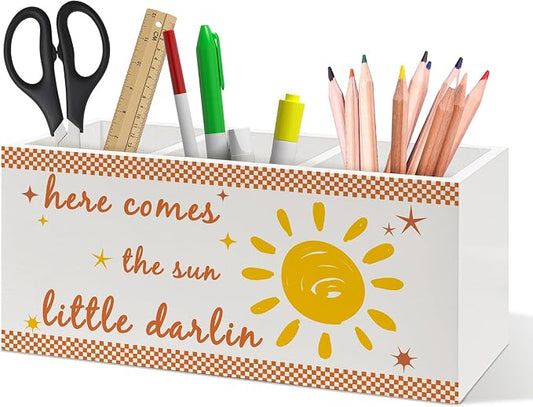 Boho Sunshine Classroom Pen Holder, Boho Office Pen Pencil Holder Organizer for Desk Accessories, Sunshine Nursery Wooden Box Desk Decor for Kids Nursery Room Classroom Desk Decorations
