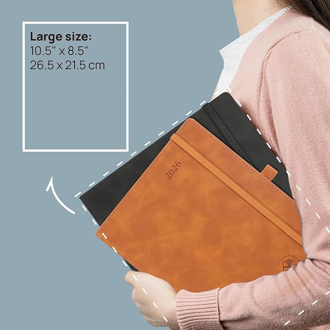 POPRUN Weekly Planner 2026 (Large 8.5" x 10.5") Calendar 12 Months Notebook with Horizontal Layout, Leather Soft Cover, Monthly Tabs, Inner Pocket, 100GSM Thick Paper, Pen Holder - Lilac
