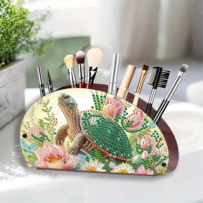 Remote Control Holder with 4 Compartments, DIY Diamond Art Painting Wooden Half Moon TV Control Holder for Remote Controllers, Office Supplies, Makeup Brush, Media Accessories-Turtle