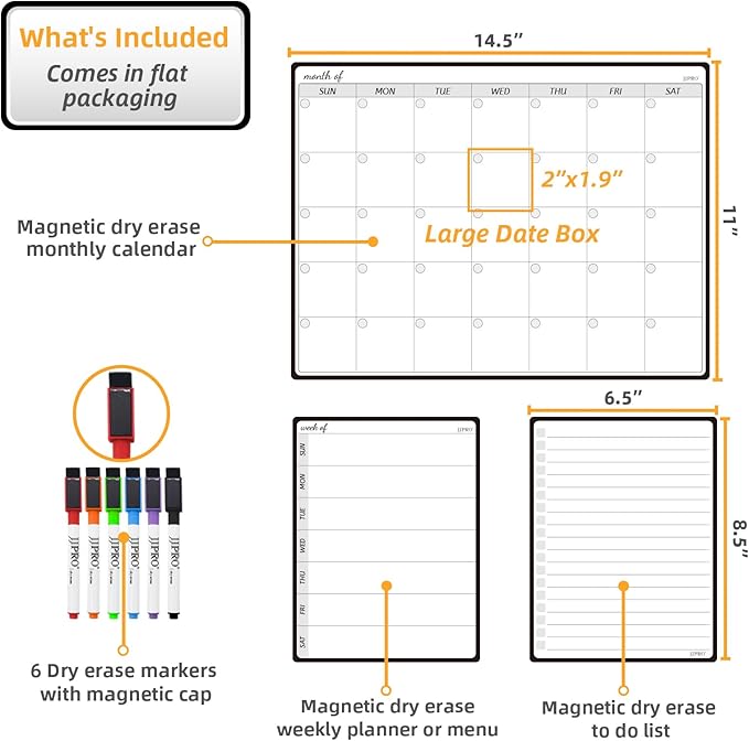 JJPRO Magnetic Monthly Calendar Whiteboard Set for Fridge-Monthly Planning Board and Two Bonus Dry Erase Grocery Board&Weekly Menu Board-Meal Planner Whiteboard/to-Do List-6 Markers