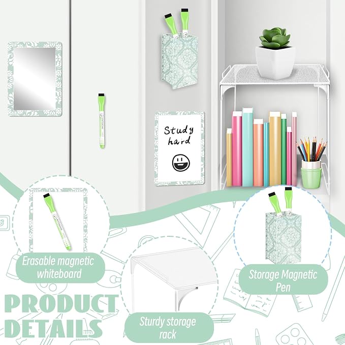 Denylo pro Magnetic Locker Accessories Kit White and Green Back to School Essentials Locker Organizer Supplies Include Mirror Whiteboard Pen Shelf Pencil Case Magnet Back to School Essentials