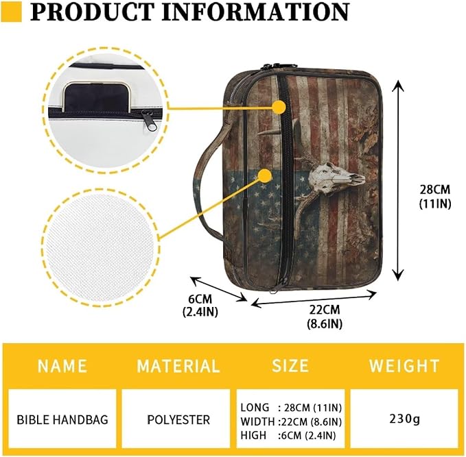 Elk Bone American Flag Print Bible Covers for Women & Men, Bible Organizer Carrying Case with Zippered Pocket Bible Protective Bag