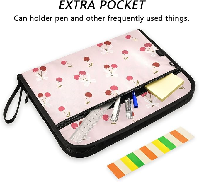 Cherry Striped Bow File Folders,Plastic Folders with 13 Pockets,Expandable File Folder for Documents School Students Office,Aesthetic Folder with Labels A4 Letter Size