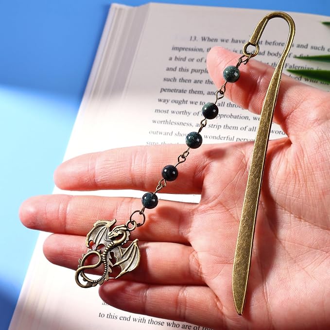 Vintage Witch Brass Metal Copper Bookmark with Dragon and Bead Chain Pendant–Wicked,Handmade Sodalite Bookmarks for Reading Women,Men,Book Lovers,Girls,Teens,Teachers and Students