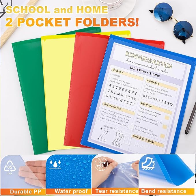 24 Pcs Back to School Take Home Folders for Elementary Students 2 Pocket Folders with Clear Front Pocket 4 Inner Pockets Plastic Parent Teacher Communication Folder 11.81 x 9.45 Inch (Mixed Color)