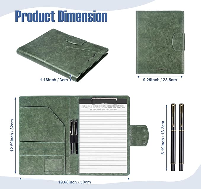 DIN A4 PU Leather Padfolio Clip Board, Clipboard Folder Portfolio,Magnetic Closure Business Clipboard with Cover Professional with 2 Pen,A4 Paper for Men Women, Dark Green