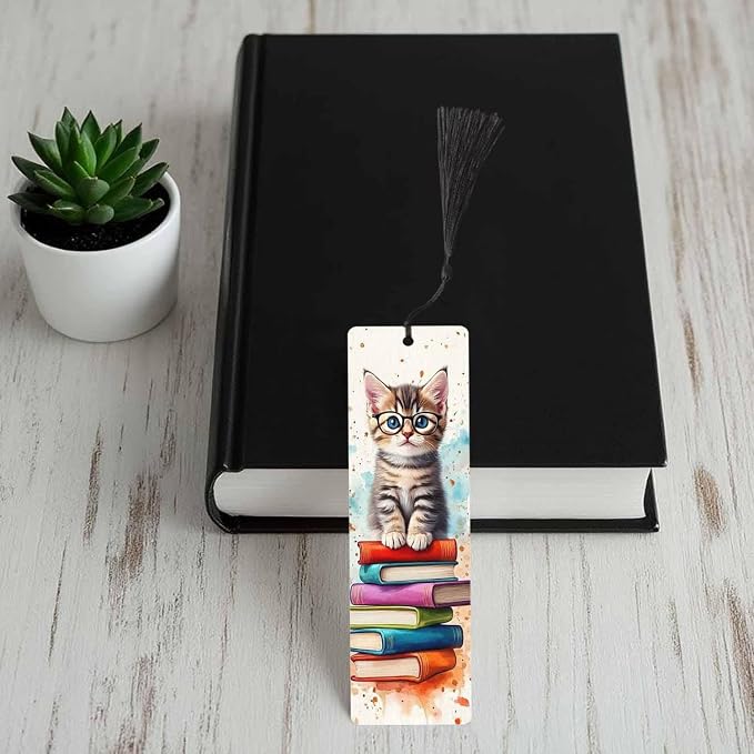 Cute Baby Cat 5 Pcs Bookmarks Wearing Glasses Pet Animal Reading Book Wooden Bookmarks with Tassel for Students Reader Teachers Book Lovers