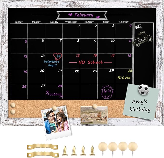 TORASO Magnetic Chalkboard Calendar Corkboard, Small Combination Chalk Board Bulletin Board, 13" x 17", Vintage White Framed Blackboard Calendar Cork Combo Board(ZHHB-Wood WH-3343)