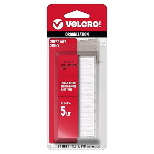 VELCRO Brand - Sticky Back Hook and Loop Fasteners | Perfect for Home or Office | 3 1/2in x 3/4in Strips | Pack of 4 | White (VEL90076)