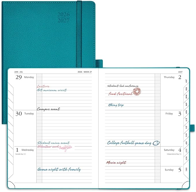 POPRUN Planner 2026-2027 (Medium 6.75"x 8.75"), Horizontal Weekly Notebook Jul.2026 - Jun.2027, Academic Appointment Book with Monthly Tabs, Leather Hardcover, 100 GSM - Pacific Green