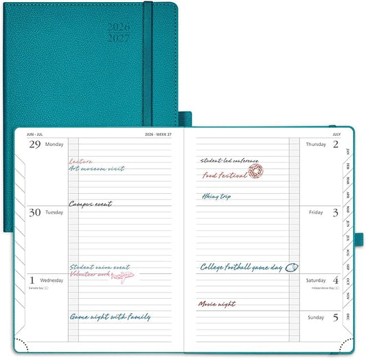 POPRUN Planner 2026-2027 (Medium 6.75"x 8.75"), Horizontal Weekly Notebook Jul.2026 - Jun.2027, Academic Appointment Book with Monthly Tabs, Leather Hardcover, 100 GSM - Pacific Green
