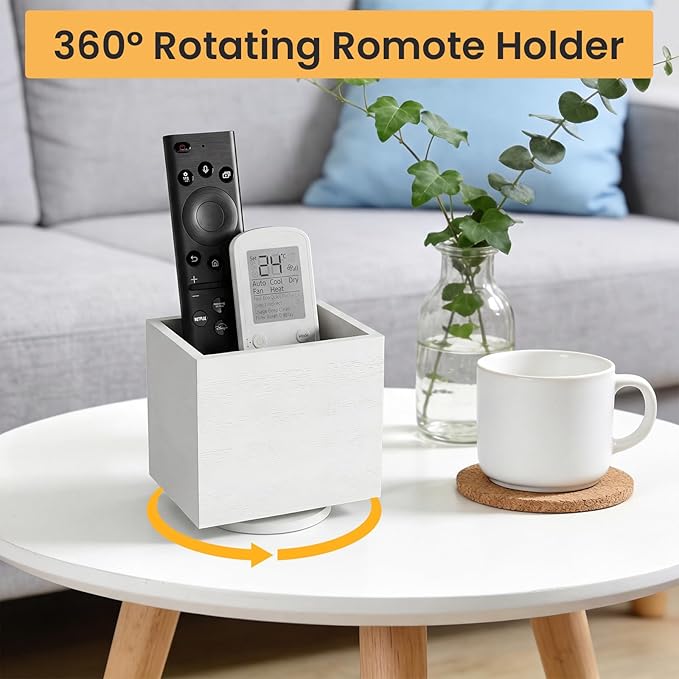 360° Rotating Remote Control Holder, Wooden TV Controller Holder, Remote Holder for Table, Desktop Caddy for Pen, Phone, Small Item Home Office School (White)
