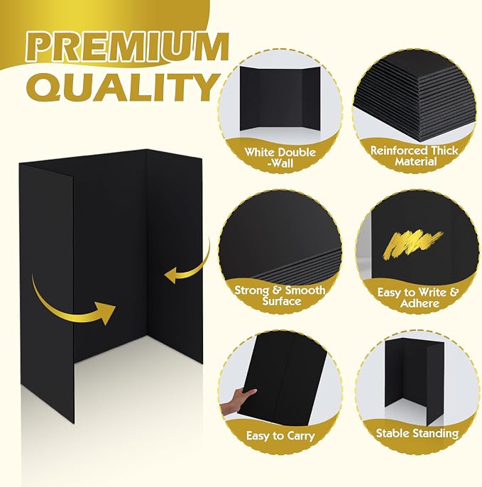 Trifold Poster Board,12 Pack 24" x 16" Black Corrugated Poster Boards,Display Board,Perfect for School Projects, Science Fairs, Event Displays, and Business Presentations
