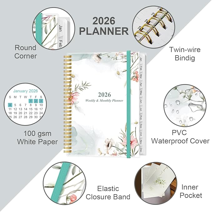 2026 Planner - Planner 2026 from January 2026 to December 2026, Weekly Monthly Planner 2026 with 12 Monthly Tabs, Inner Pocket, 8.5" x 11", Pink Flowers
