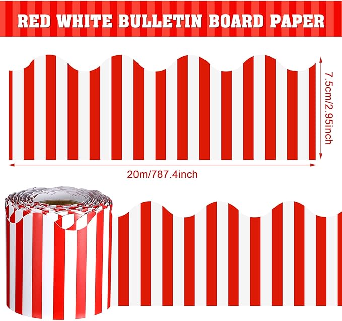 65 Feet Scalloped Bulletin Board Border for Classroom Self Stick Striped Popcorn Borders Wavy Line Border for Bulletin Cork Board Desk Classroom Party Supplies Decor(Red and White Stripes)