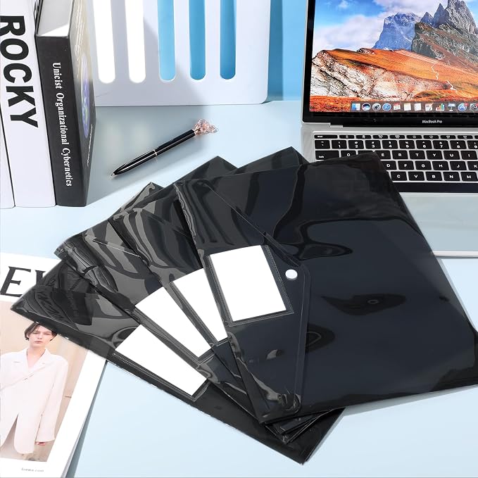 Yeaqee 50 Pcs Plastic Envelopes Poly Envelopes File Folders with Snap Button Closure Clear Folders for Documents US Letter A4 Size Filing Holder with Label Pocket for Home Office School(Black)