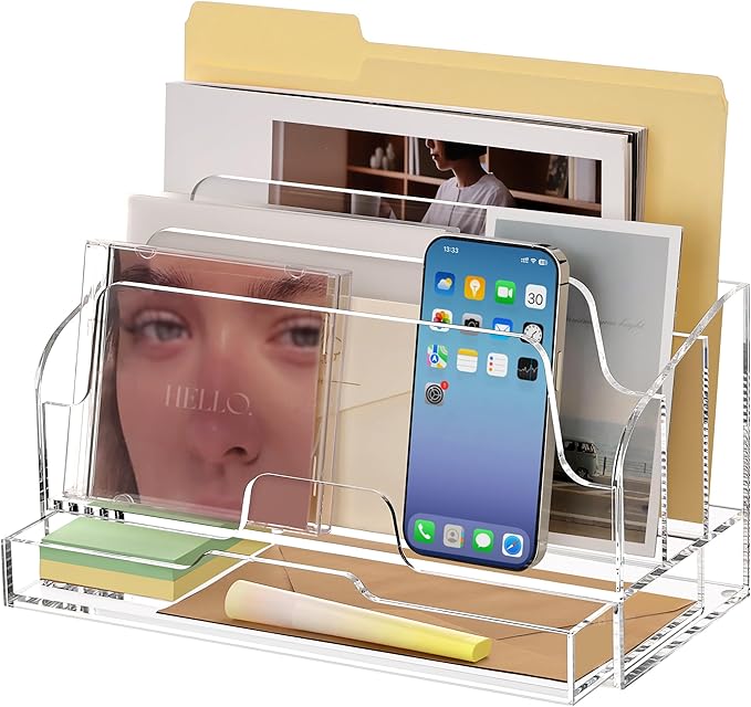 SANRUI Clear Desk Organizer Holder with Drawers, Acrylic Desktop Manila folders File Mail Sorter Box, Office Desk Accessories & Workspace Envelope Bill Letter Organization Racks, 3 Compartments