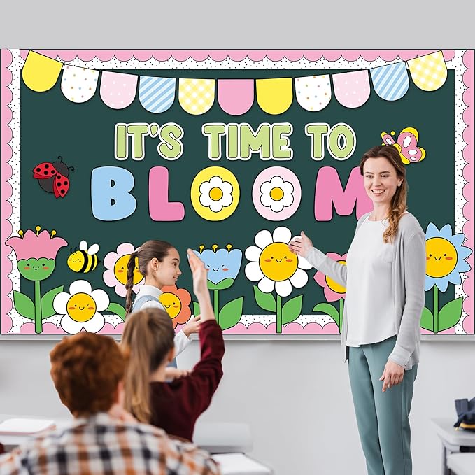 Spring Theme Bloom Flower Bulletin Board Set It's Time to Bloom Classroom Decoration Springtime Floral Bee Butterfly Paper Cutouts for Back to School Home Nursery Chalkboard Wall Decor Party Supplies