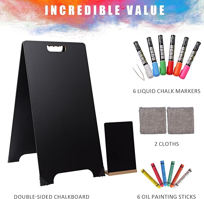 A-Frame Chalkboard Sign 16x32 Double-Sided Sandwich Board with 8x12 Bonus Small Chalkboard, 6 Liquid & Solid Chalk Markers, Folding Outdoor Sign for Business, Restaurants, Weddings & Events