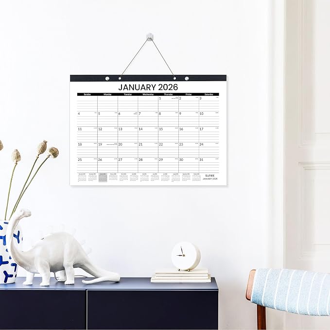 SUNEE Desk Calendar 2026, 18 Months from Oct. 2025 to Mar. 2027, 17"x12" Academic 2026 Calendar for Home, School, or Office Desk Top Organizing, Black Monthy Calendar 2026
