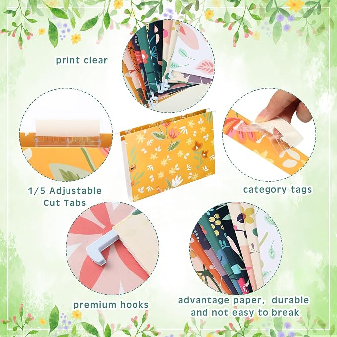 Qeeenar 40 Pcs Decorative Hanging File Folders Letter Size Cute File Folders Designer Floral File Folders Colored File Folder Organizer for Filing Cabinet Office Home with 1/5 Cut Adjustable Tabs