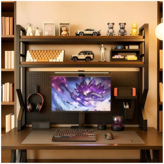 Desktop Hutch Bookshelf,Many Gifts,Metal Desktop Bookcase with pegboard, Desk Shelf, Countertop Storage Organizer Rack for Dorm or Office,Desktop Shelves Brown（ 37.4" Lx9.9 Wx39 H