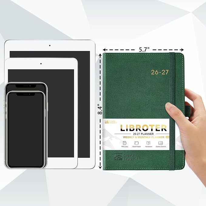2026-2027 Planner - Academic Planner 2026-2027 Weekly Monthly Planner, July 2026 - June 2027, 5.7'' x 8.4'', Thick Paper, Leather Cover, Pen Holder, Back Pocket, Perfect Daily Organizer - Dark Green
