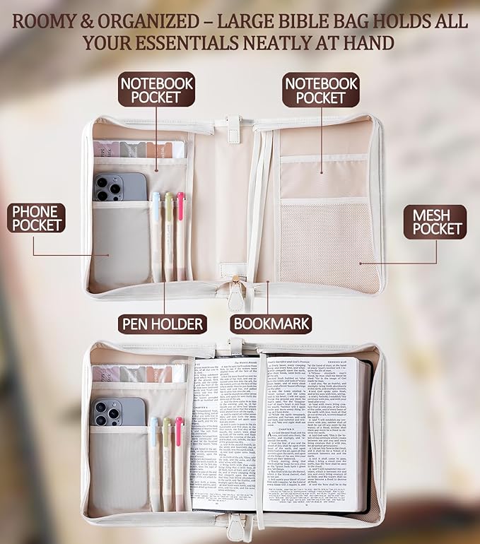 Vegan Leather Bible Cover Case, Bible Bag with Phone Pocket, Bible Case for Women, Christian Gift Box Packaging (White – with Strap)