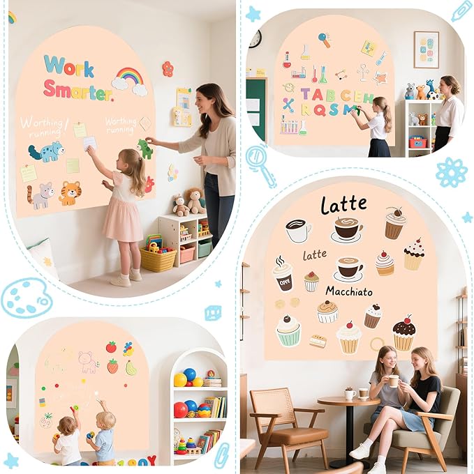 Magnetic Wall Decal for Kids Magnetic Chalkboard Decal Play Wall Milk Tea 40x32 Inch Self Adhesive Magnet Wallpaper Sticker with Letters and Color Liquid Chalk for Playroom School Home