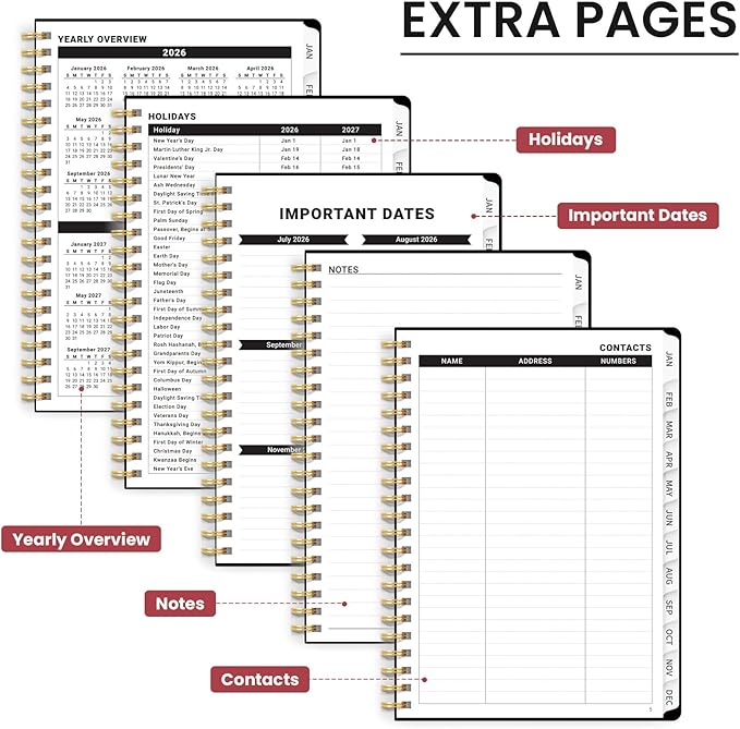 2026 Planner, Monthly and Weekly Calendar Planner for Women, Jan 2026 - Dec 2026, Hardcover Pretty 2026 Agenda Planner Book with Tabs, Spiral Bound, Perfect for School Office Home Supplies, 6.3" x 8.5" - Peony Bloom