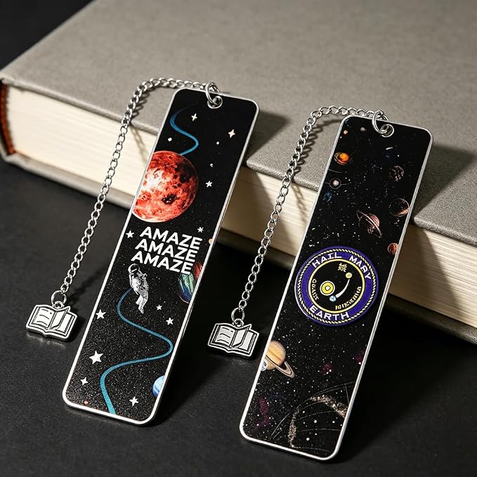 Project Hail Mary Inspired Stainless Steel Bookmark, Double Sided Space Galaxy Book Marker with Metal Chain Charm for Sci-Fi Readers, Collectible Reading Gift for Book Lovers (Sci-Fi)