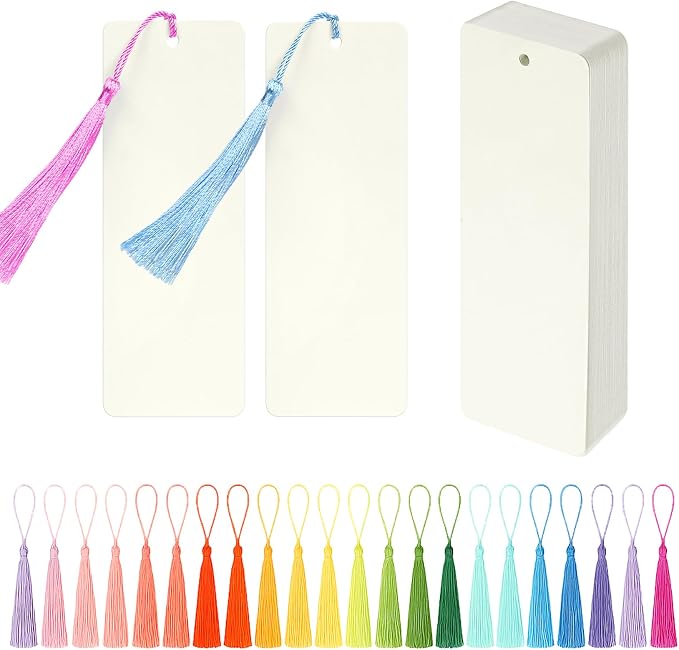75 pcs Blank Bookmarks with Colorful Tassels – 350gsm Cardstock Bookmark Blanks for DIY Crafts, Holiday Gift Tags, Classroom Projects & Reading Rewards – 5.5 x 2 inch Bookmark Kit (Ivory White)
