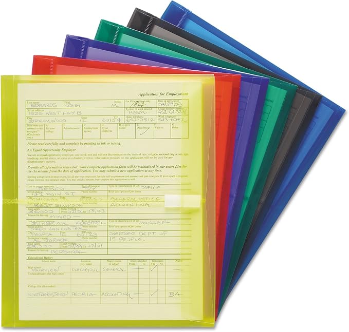 Smead Poly Envelope, 1-1/4" Expansion, Hook-and-Loop Closure, Side Load, Letter Size, Assorted Colors, 6 per Pack (89669)