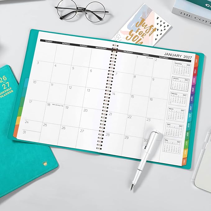 2026-2027 Monthly Planner - Jul 2026 - Dec 2027, 18 Months Calendar/Planner with Faux Leather, 8.86" x 11.4", 15 Notes Pages, Strong Twin - Wire Binding, Pocket, Monthly Tabs, Perfect Organizer- Green