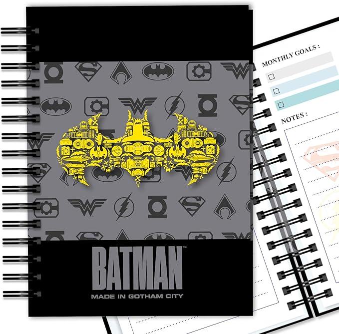 2026 Batman Planner Hardcover, Superhero Weekly and Monthly Planner with Notes Pages and 12 Dividers Tabs, Spiral Calendar Notebook Academic Journal for Work School Adults Teens (Plan A)